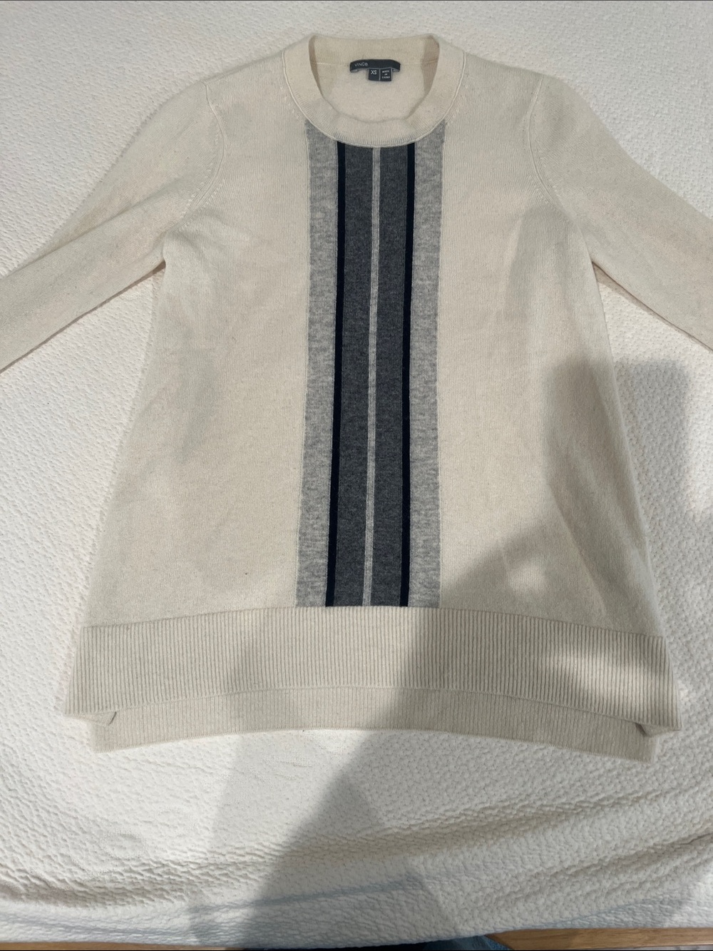 Vince Women’s Cream Cashmere Crewneck Sweater with Gray Stripe Detail